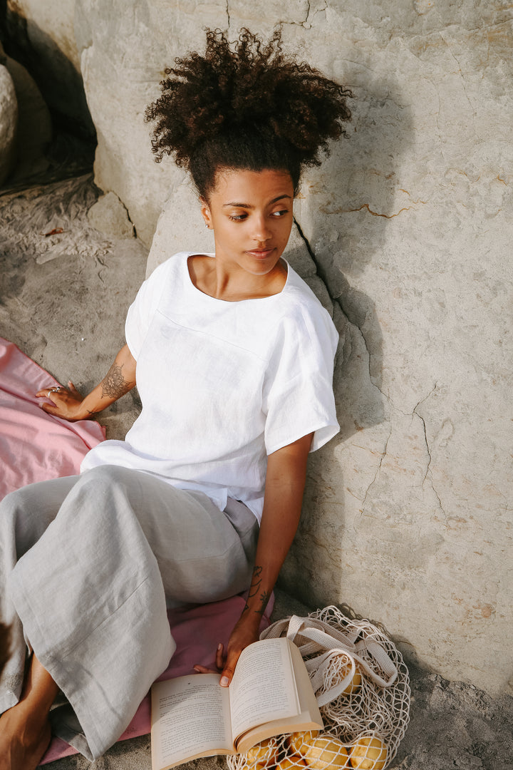 Linen - Drop Shoulder Short Sleeve Top, Standard Length