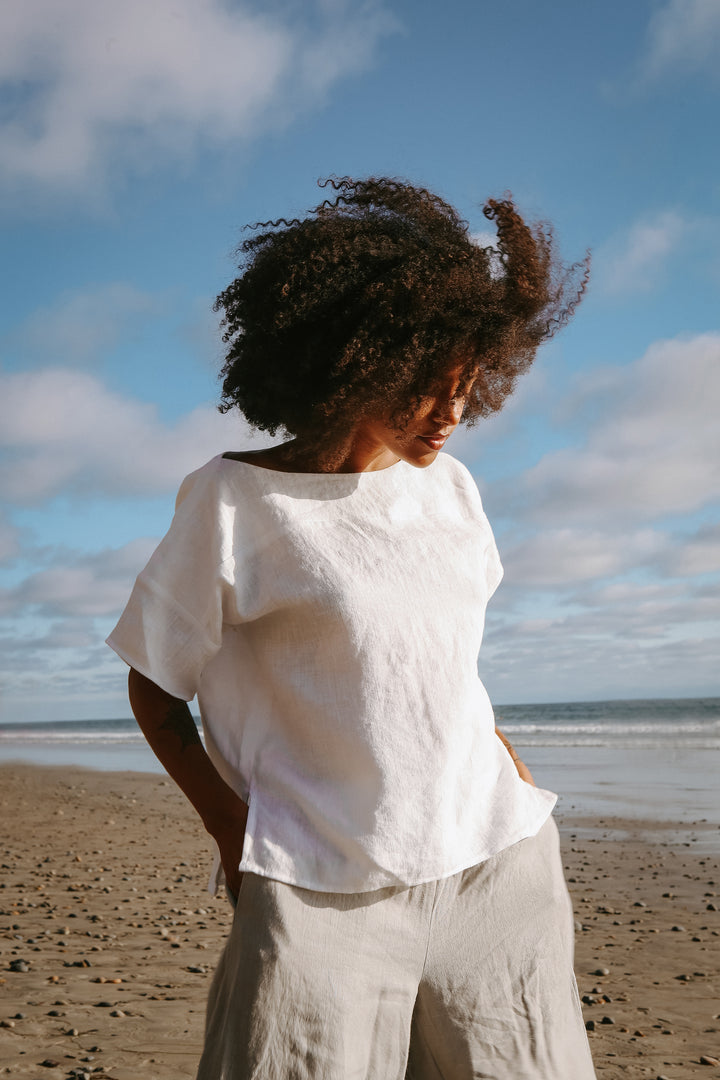 Linen - Drop Shoulder Short Sleeve Top, Standard Length