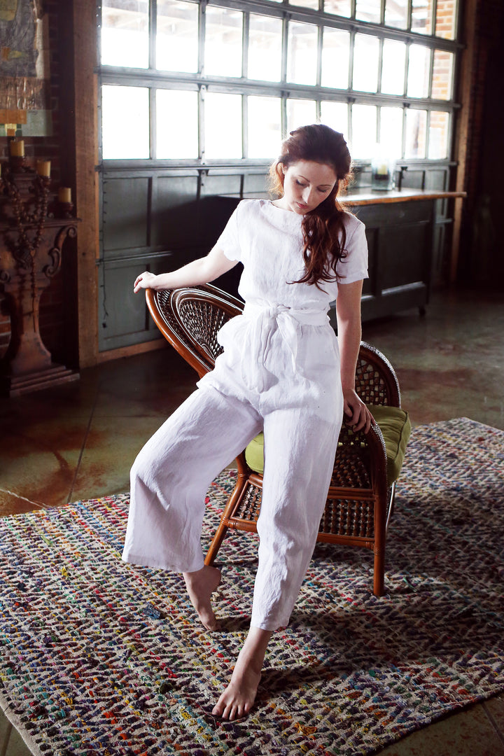 Linen - Wrap Back Jumpsuit, Short Sleeve