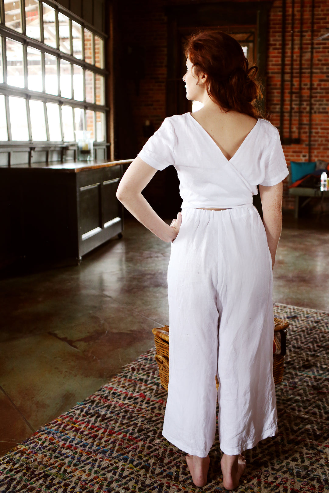 Linen - Wrap Back Jumpsuit, Short Sleeve
