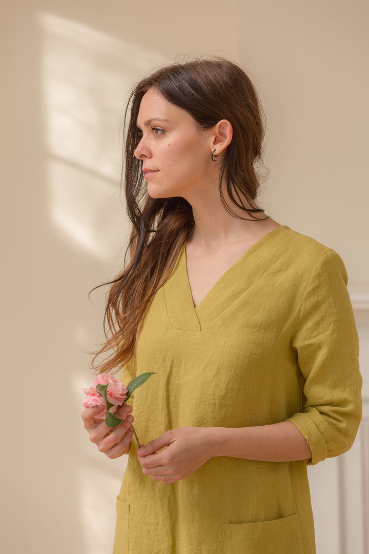Linen - V Neck Shift Dress, 3/4 Sleeve, Standard Length
