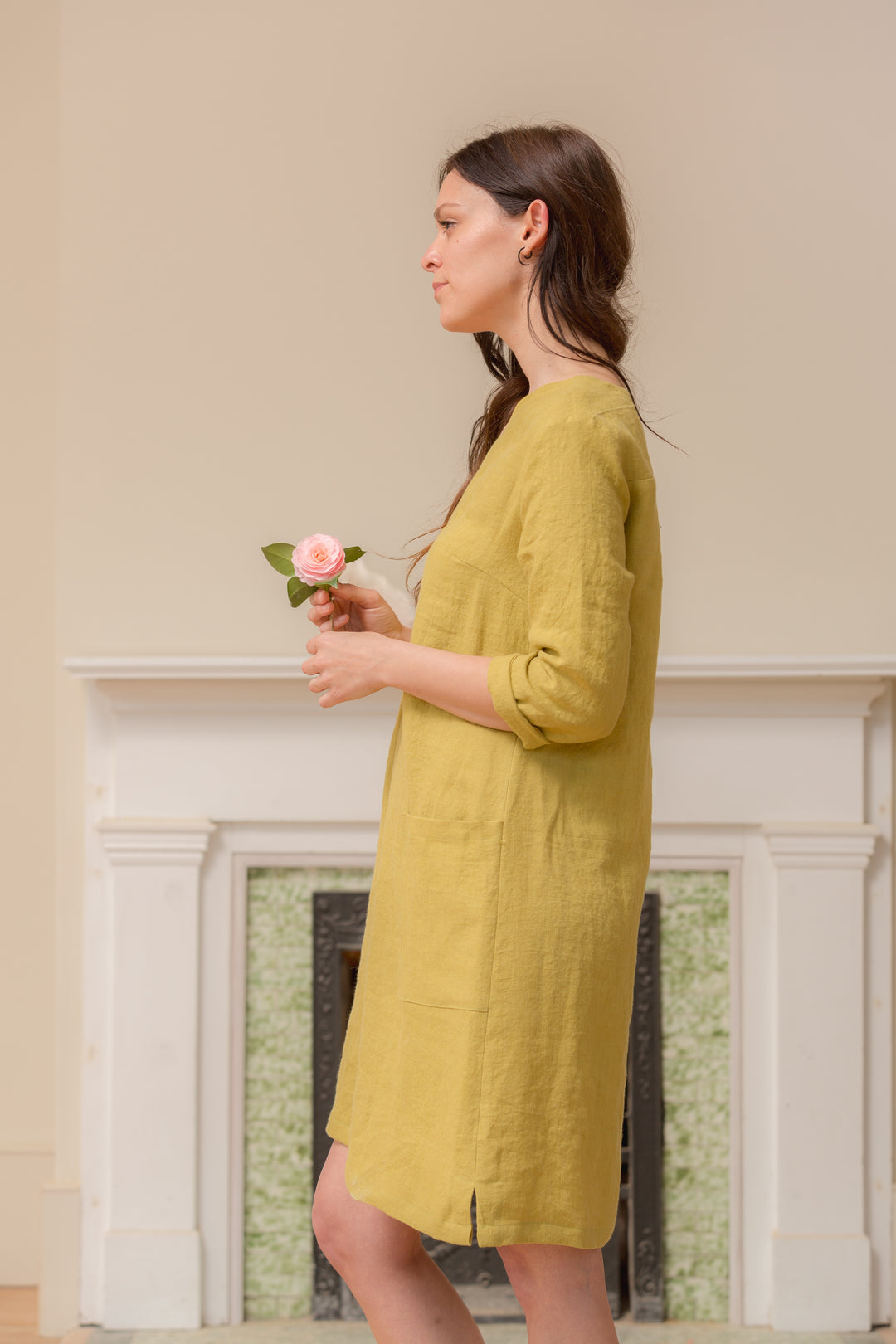 Linen - V Neck Shift Dress, 3/4 Sleeve, Standard Length