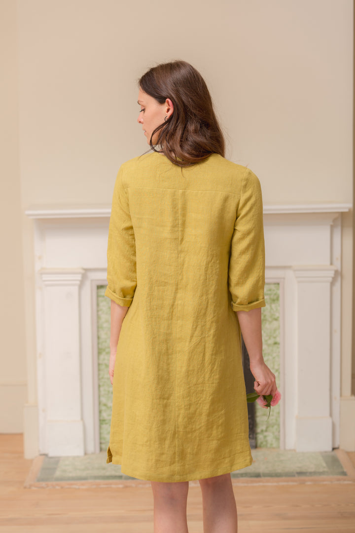 Linen - V Neck Shift Dress, 3/4 Sleeve, Standard Length
