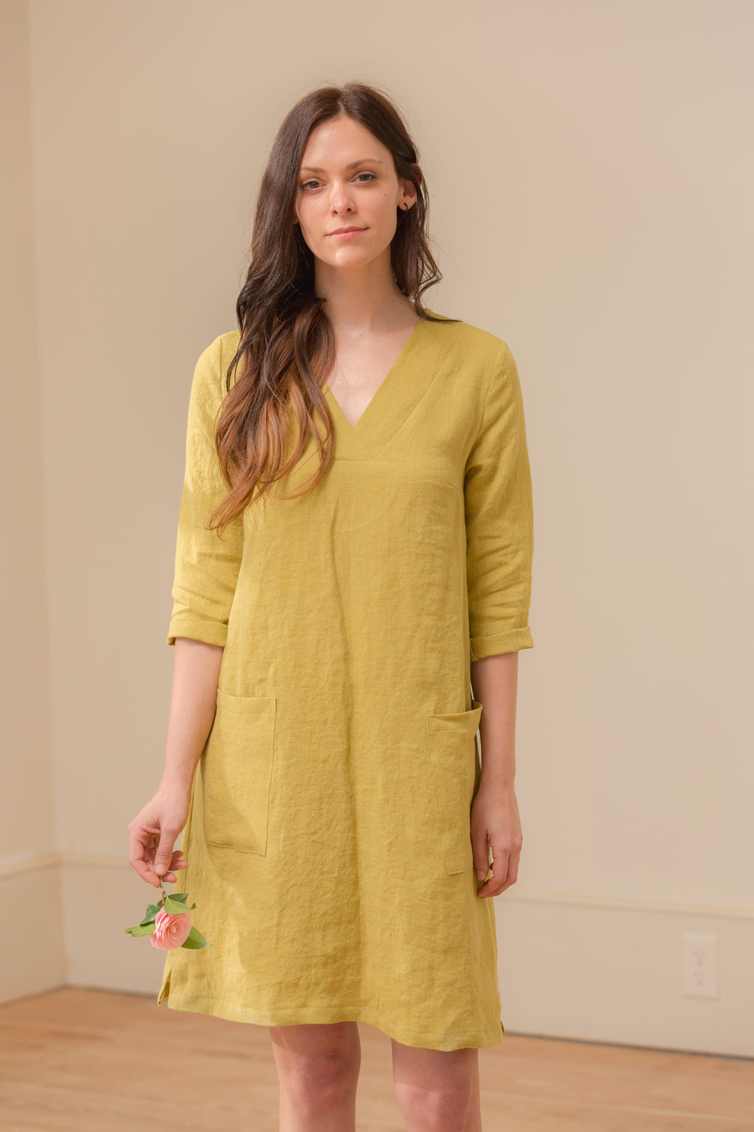 Linen - V Neck Shift Dress, 3/4 Sleeve, Standard Length