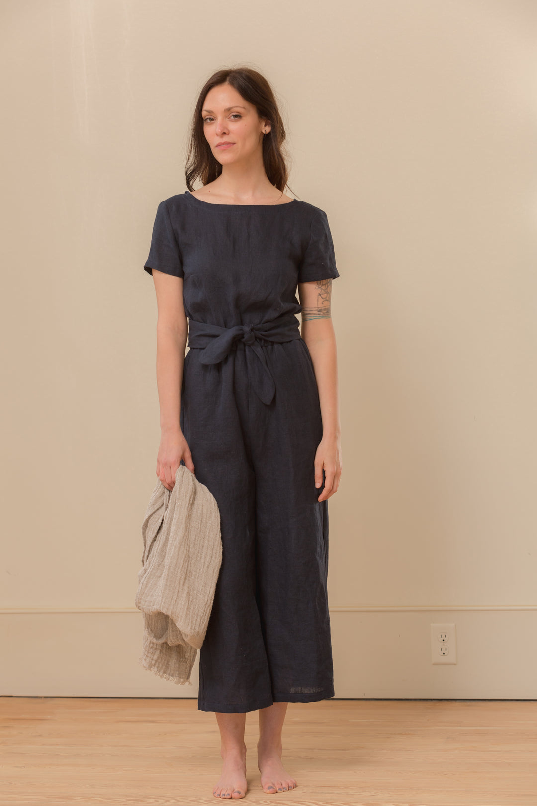 Linen - Wrap Back Jumpsuit, Short Sleeve