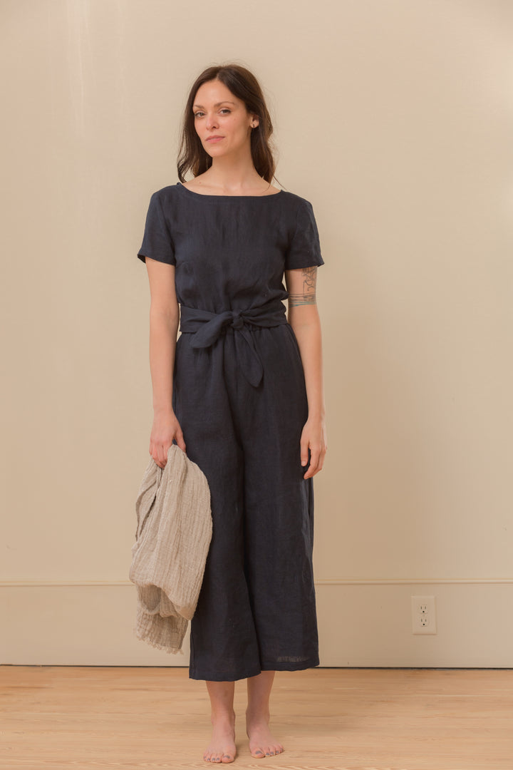 Linen - Wrap Back Jumpsuit, Short Sleeve