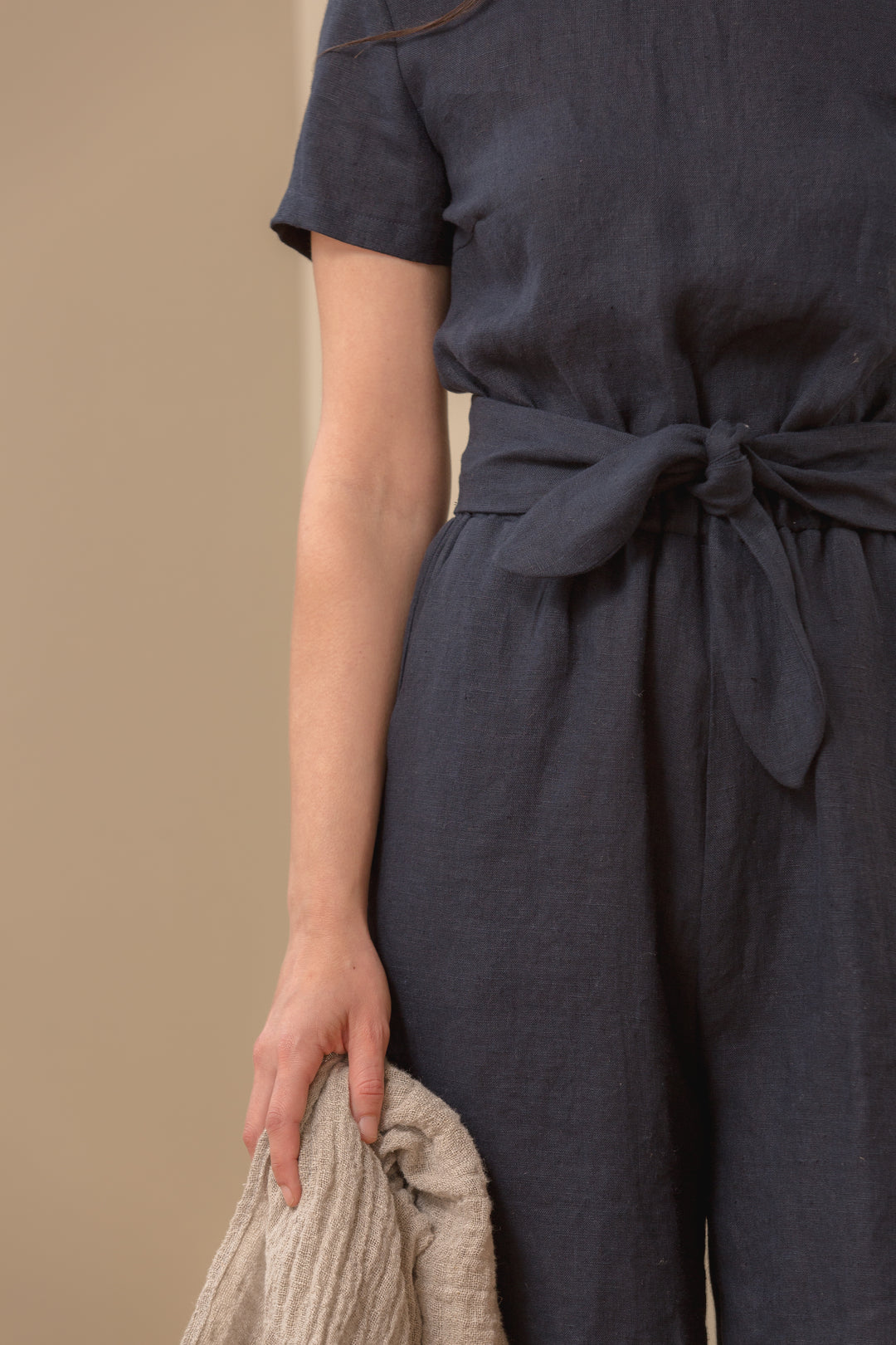 Linen - Wrap Back Jumpsuit, Short Sleeve