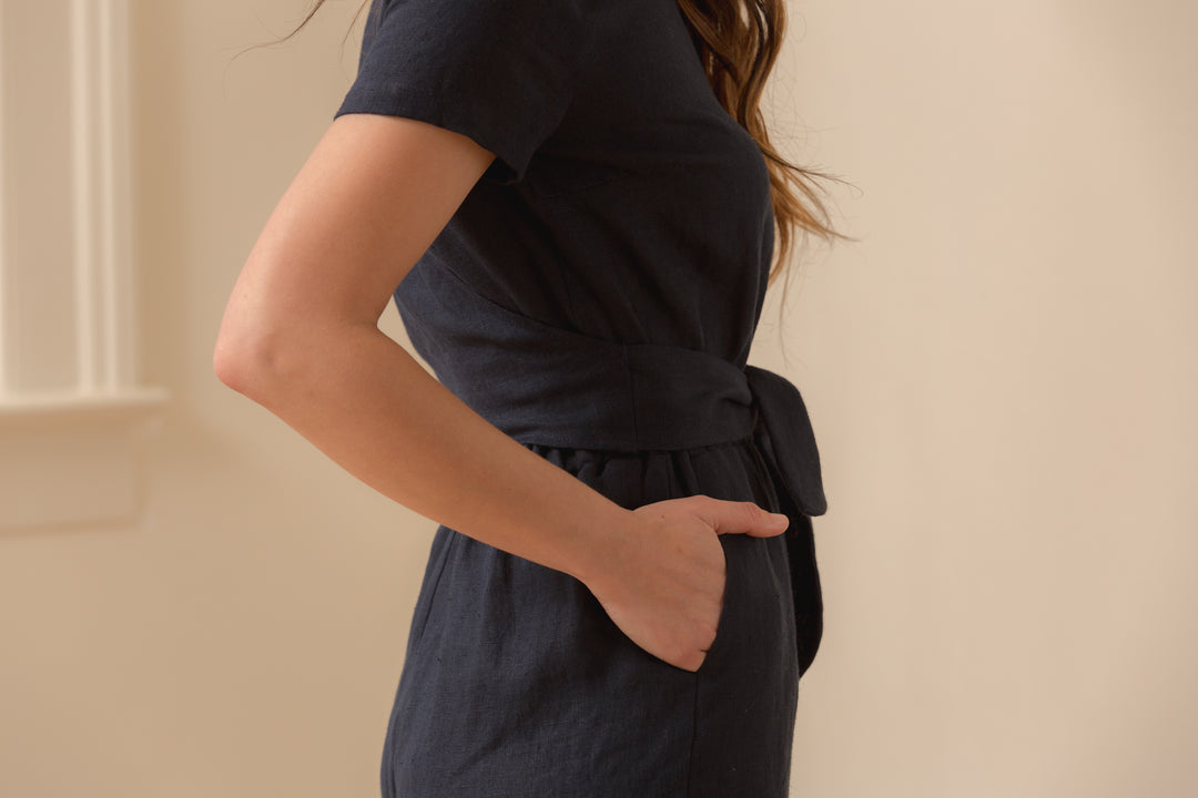 Linen - Wrap Back Jumpsuit, Short Sleeve