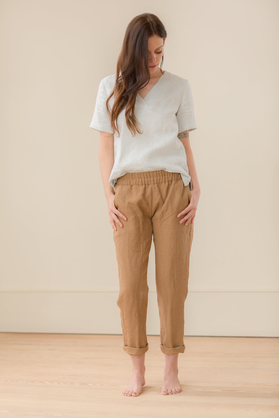 Linen - Straight Pant, Full Length, Elastic Waist