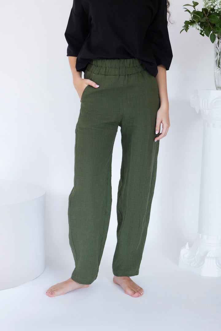 Linen - Barrel Leg Pant, Ankle Length, Elastic Waist