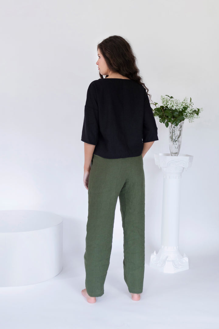Linen - Barrel Leg Pant, Ankle Length, Elastic Waist