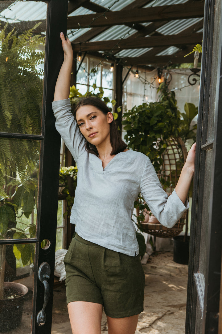 Linen - Vneck Top, Standard Length, 3/4 Sleeve