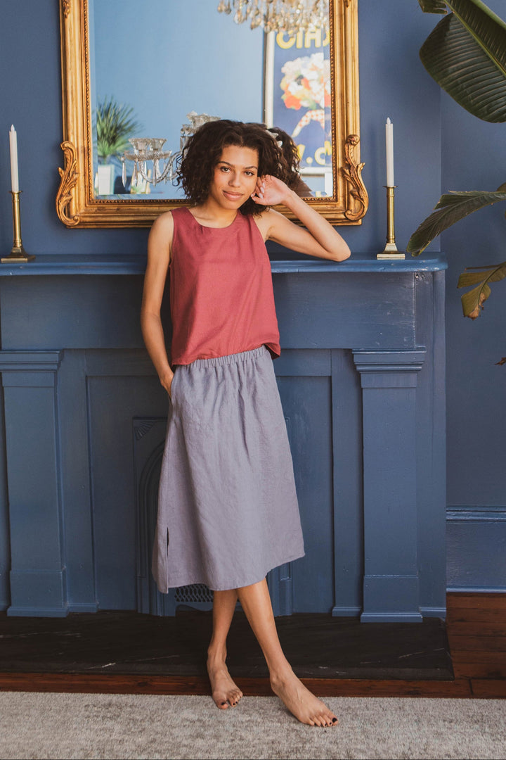 Linen - Boxy Skirt, Midi Length, Elastic Waist