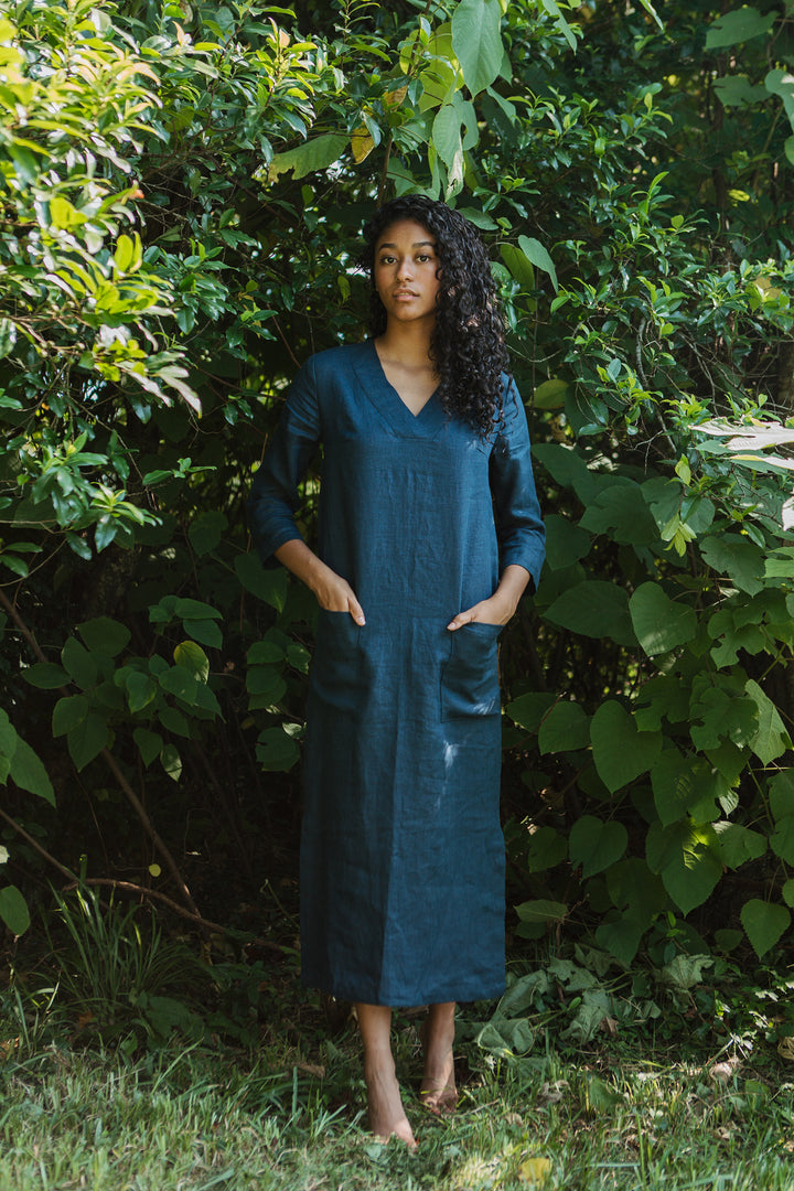 Linen - V Neck Tunic Dress, 3/4 Sleeve, Long Length