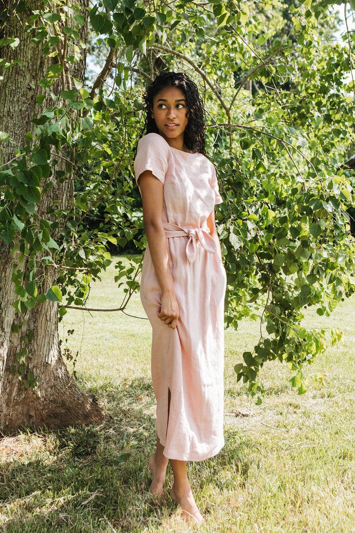 Linen - Wrap Back Dress, Short Sleeve, Long Length