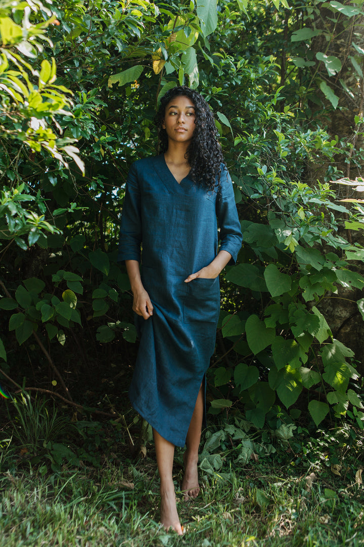 Linen - V Neck Tunic Dress, 3/4 Sleeve, Long Length