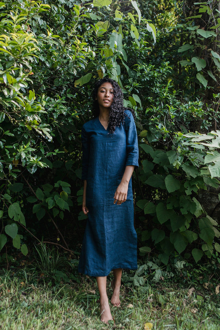 Linen - V Neck Tunic Dress, 3/4 Sleeve, Long Length
