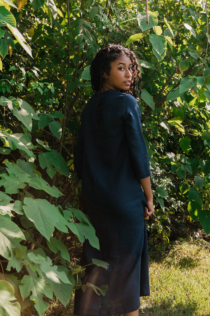 Linen - V Neck Tunic Dress, 3/4 Sleeve, Long Length