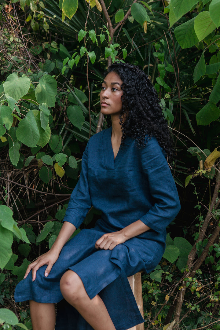 Linen - V Neck Tunic Dress, 3/4 Sleeve, Long Length