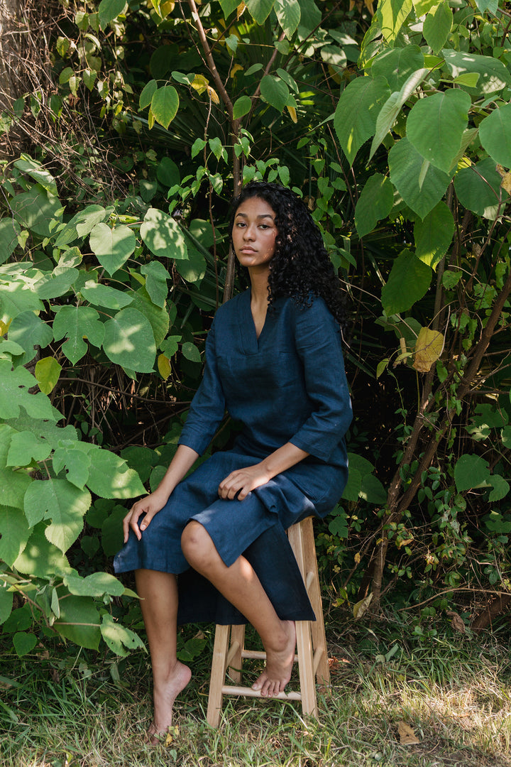 Linen - V Neck Tunic Dress, 3/4 Sleeve, Long Length