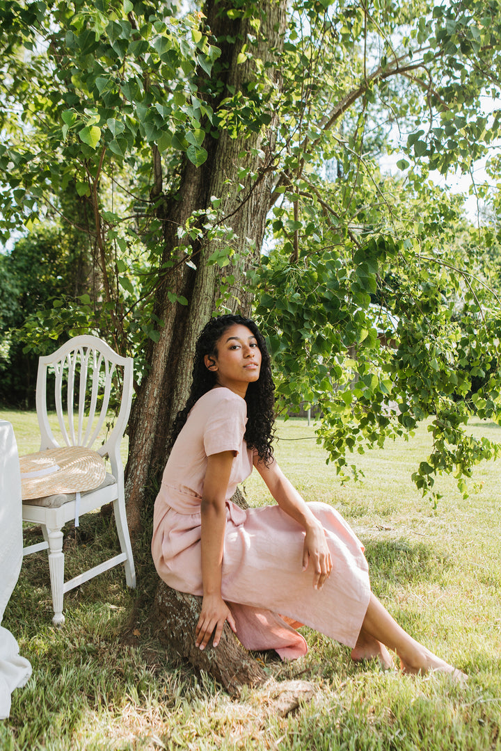 Linen - Wrap Back Dress, Short Sleeve, Long Length