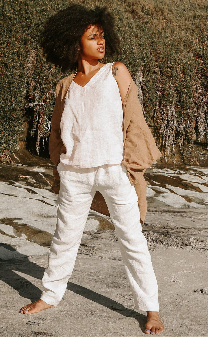 Linen - Straight Pant, Full Length, Elastic Waist
