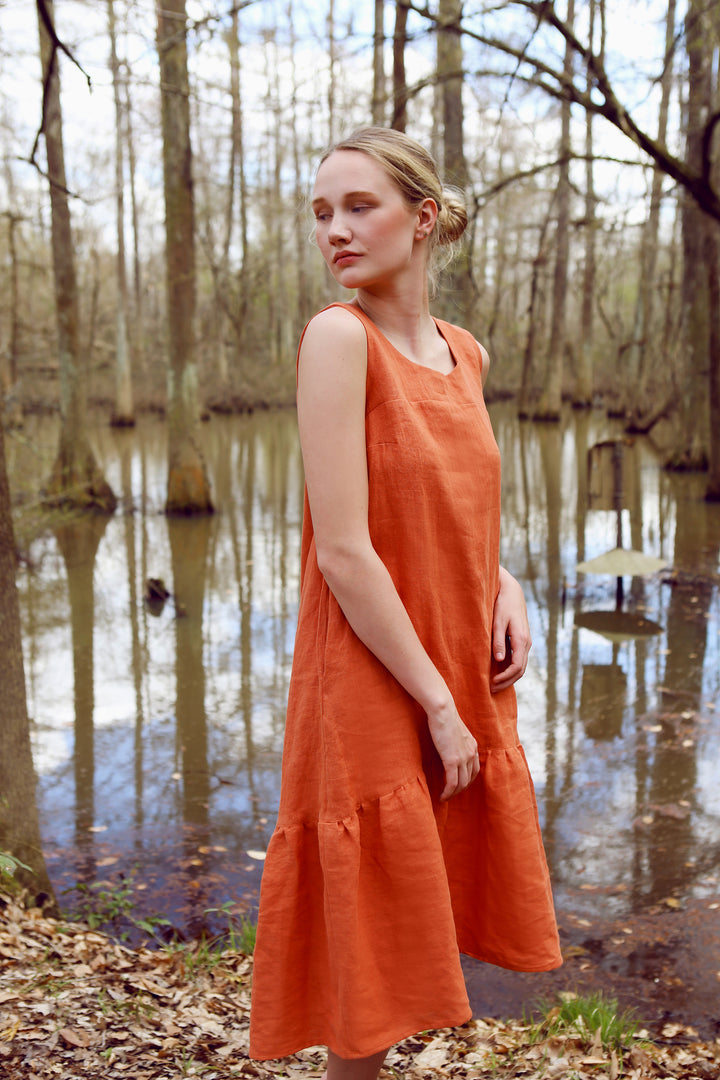 Linen - Ruffle Dress, Midi Length, Sleeveless